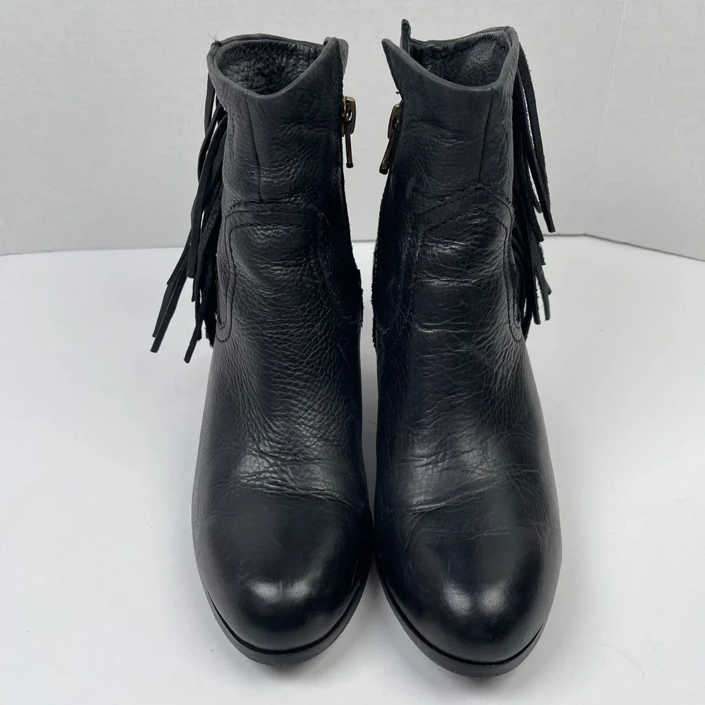 Sam Edelman Louie Fringe Ankle Boots Womens 9.5 Black Leather Western Boho Biker